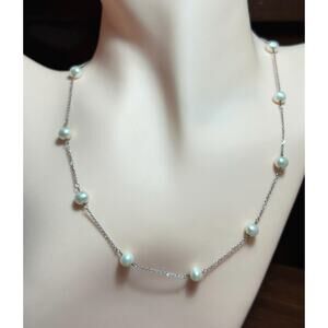 14k solid white gold RCI designer freshwater white pearl station necklace 16”